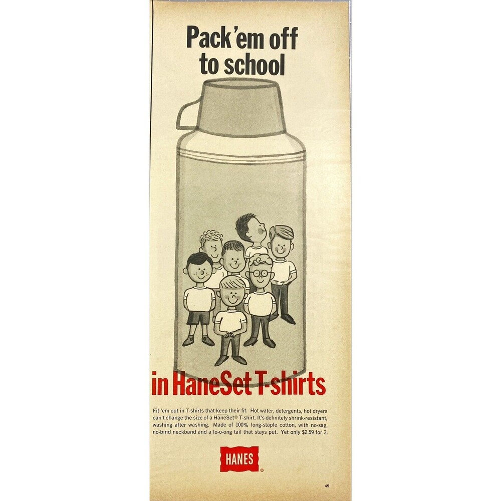 Hanes HaneSet T-Shirts " Pack'em off to school" Vintage Print Ad 1967